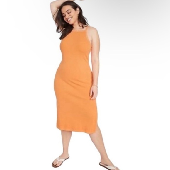 Old Navy Ribbed Tank Dress Midi Length Apron Cami Dress Beige Minimalist Sz 2X - Picture 1 of 12